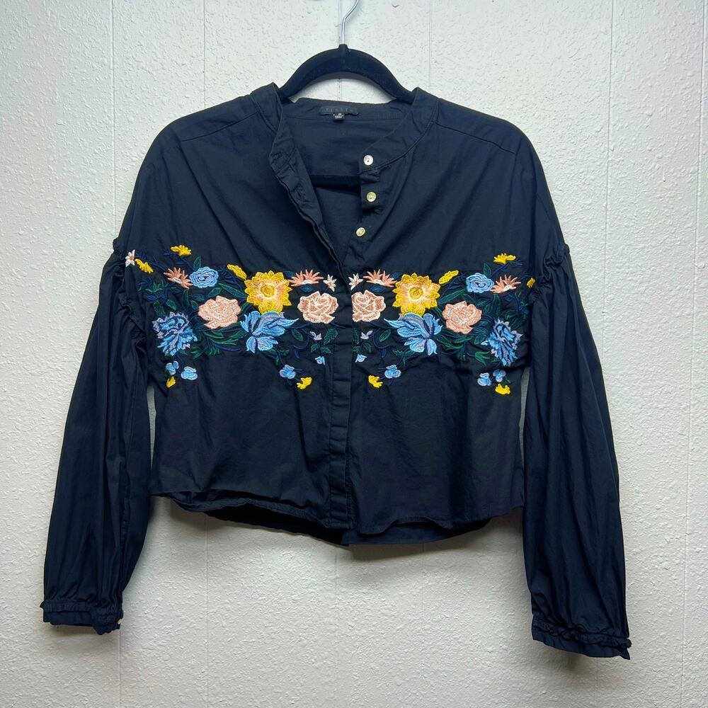 Tinsel Embroidered Bohemian Floral Cowgirl Puff Sleeve Cotton Top Size Medium